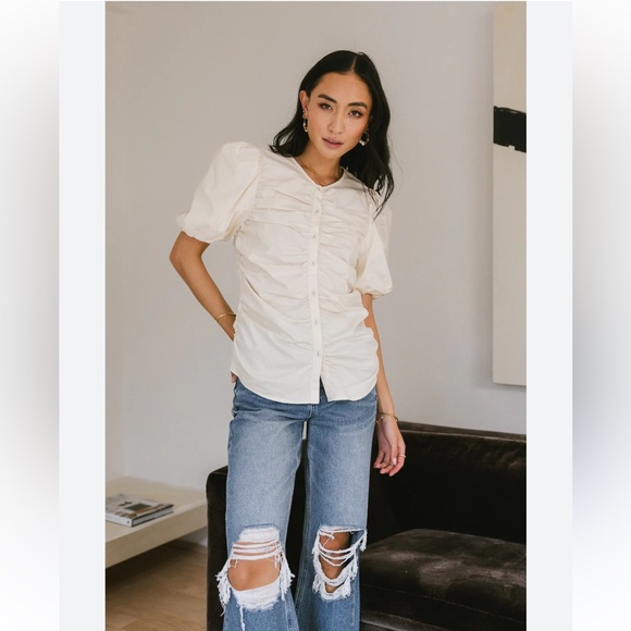 Anthropologie Bohme Cream Ruched Puff Sleeve  cottage core milkmaid Frankie top - Picture 3 of 12